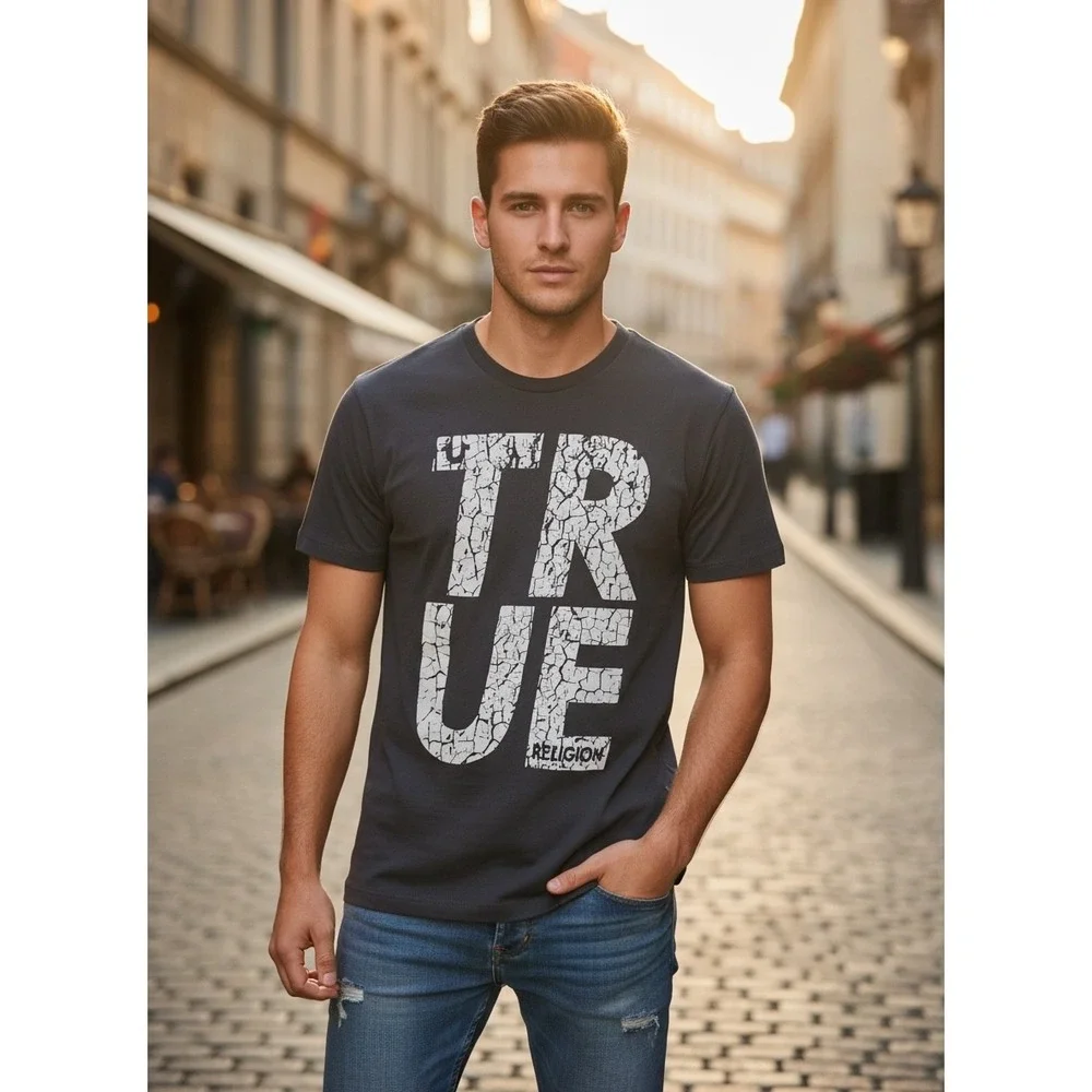 True Religion Mens Black Cracked TRUE Graphic V-Neck T-Shirt XXL New NWT